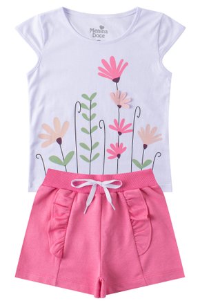 Conjunto Infantil Feminino Meia Malha/Moletinho Flowers - Menina Doce