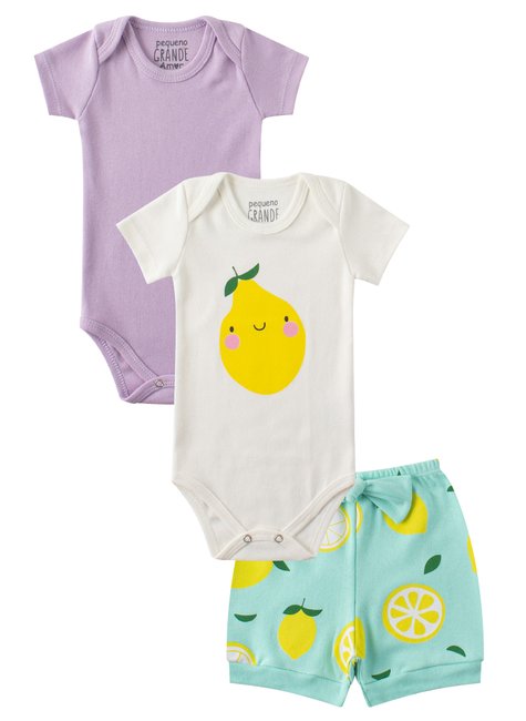 kit body bebe 3 pecas suedine fruits pequeno big amor