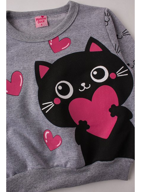 conjunto infantil feminino moletom peluciado cat love menina doce 15