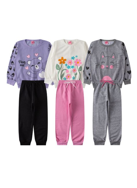 kit 3 conjuntos infantil feminino moletom peluciado cute menina doce
