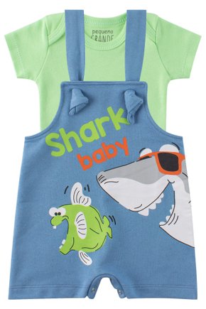 Macacão Jardineira Moletinho + Body de Bebê Suedine Shark - Pequeno Big Amor