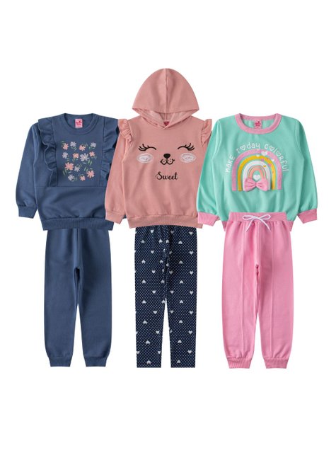 kit 3 conjuntos infantil feminino moletom peluciadolegging sweet menina doce