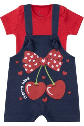Macacão Jardineira Moletinho + Body de Bebê Ribana Canelada Cherry - Leninha Baby