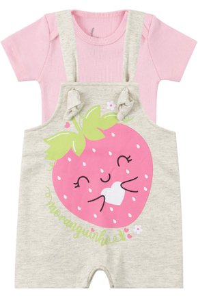 Macacão Jardineira Moletinho + Body de Bebê Ribana Canelada Moranguinho - Leninha Baby