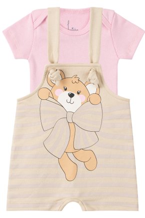 Macacão Jardineira Moletinho + Body de Bebê Ribana Canelada Bear - Leninha Baby