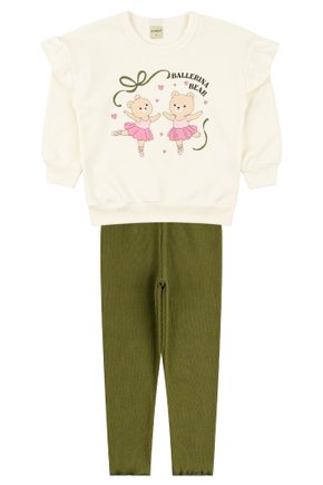 Conjunto Infantil Feminino Moletom Peluciado/Ribana Canelada Ballerina Bear - Moda Love